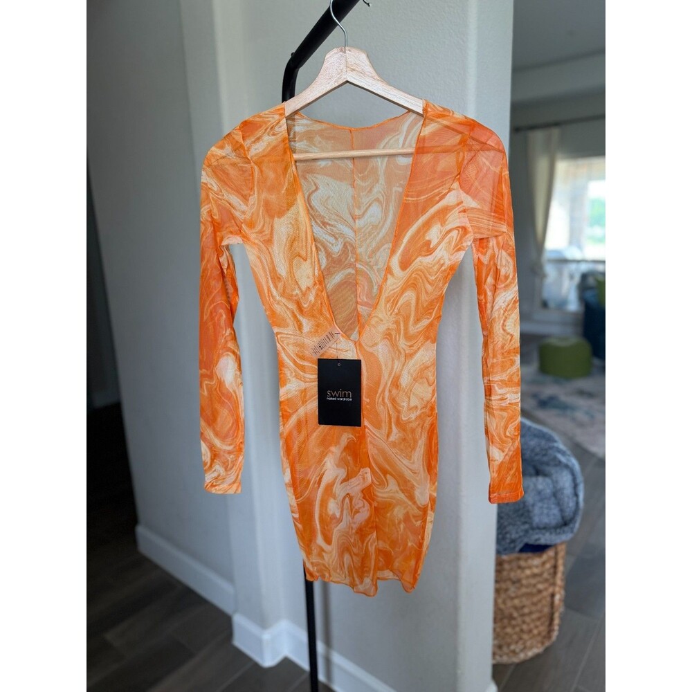 Naked Wardrobe Orange Marble Smoke Mesh Swim Cover-Up Top – S
